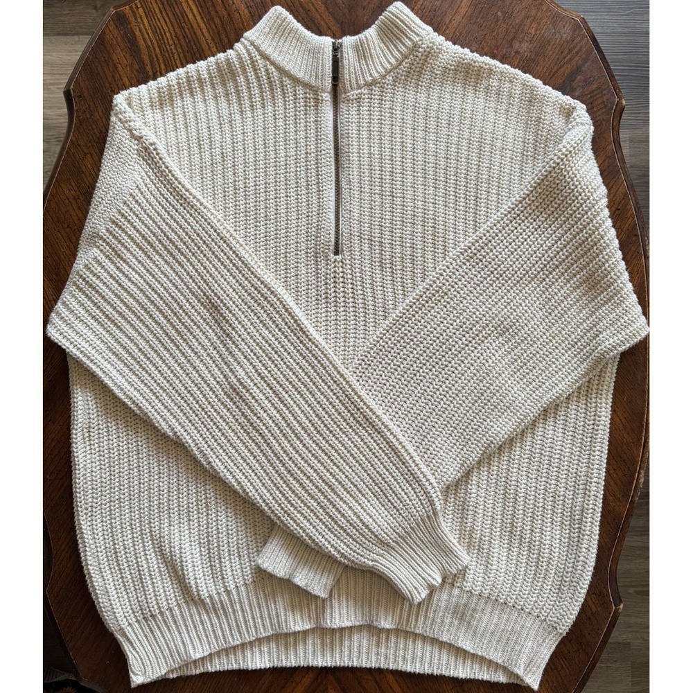 Orvis Quarter Zip Sweater Mens XL Cream 100% Cotton Rib Knit Pullover